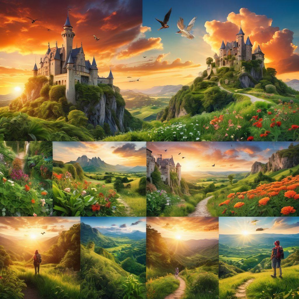 A collage of a beautiful castle surrounded by lush green landscapes, with a person hiking in eco-friendly gear, exploring nature. Elements of sustainable living, like solar panels and a small organic garden, blended into the scene. A vibrant sunset in the background, creating a sense of adventure. Nature motifs like birds and flowers enhancing the wanderlust theme. super-realistic. vibrant colors. 3D.
