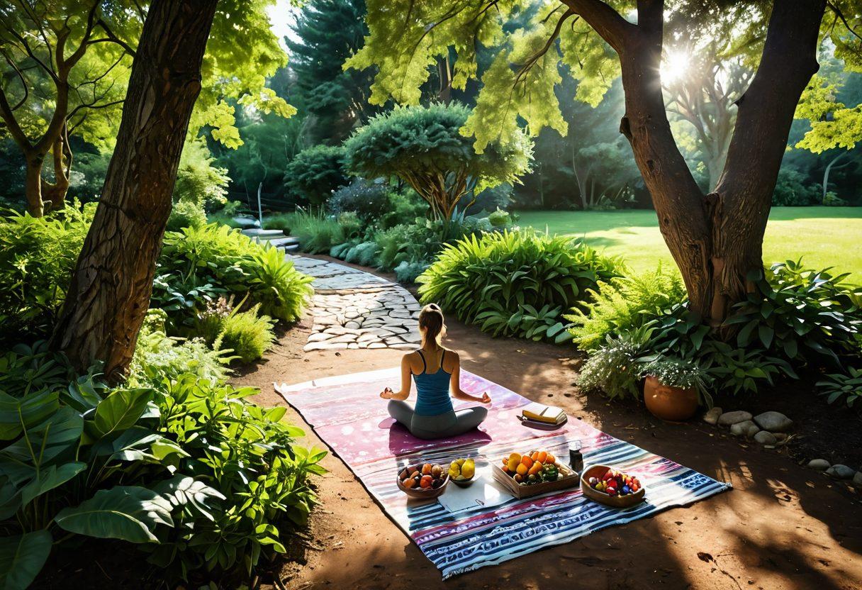 A serene landscape showcasing a winding path through lush greenery, symbolizing personal exploration and growth. Incorporate a variety of wellness elements like yoga mats, books on mindfulness, and colorful fruit on a picnic blanket. Include a person joyfully practicing yoga and another writing in a journal, embracing the moments of life. Bright sunlight filters through the trees, creating a warm and inviting atmosphere. vibrant colors. super-realistic.