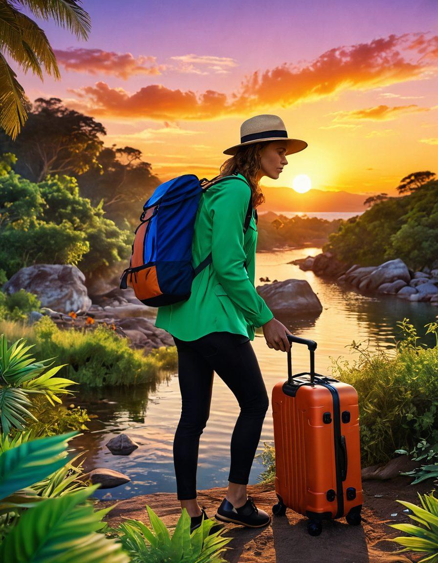 A stylish traveler exploring a vibrant natural landscape, surrounded by eco-friendly travel gear like a reusable water bottle and biodegradable luggage. Include elements such as a stunning sunset, lush greenery, and sustainable fashion pieces. Show a mix of culture and nature, capturing the essence of stylish and responsible travel. super-realistic. vibrant colors. 3D.
